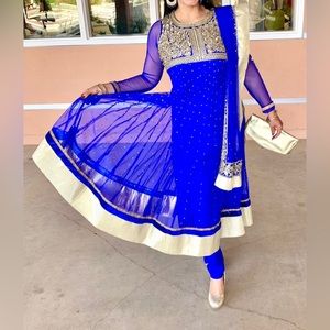 Blue hand stitched, embroidered Punjabi party dress